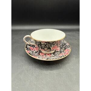 Vintage Paragon Cup & Saucer - Black Pink Roses - Bone China - England
